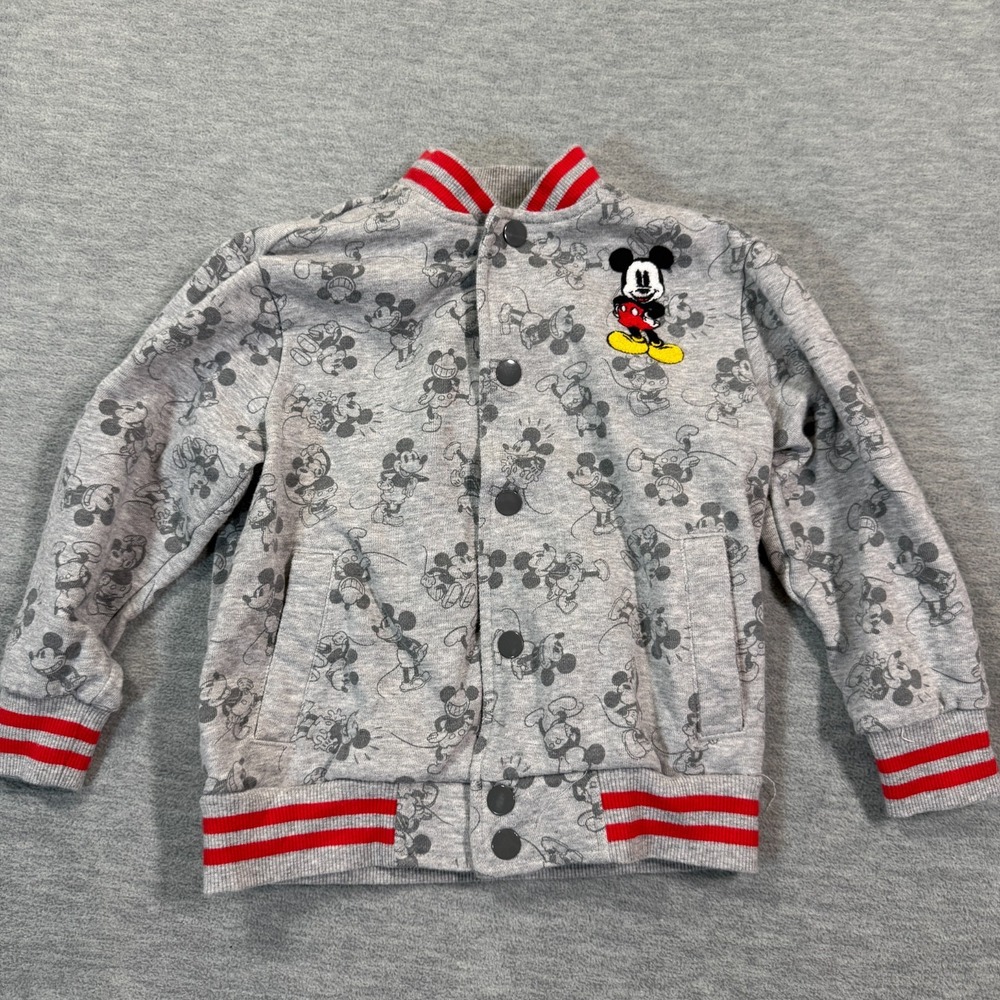 Disney Mickey Mouse Jacket Boys 4‎ Gray Red Graphic Print Snap Bomber Sweater
